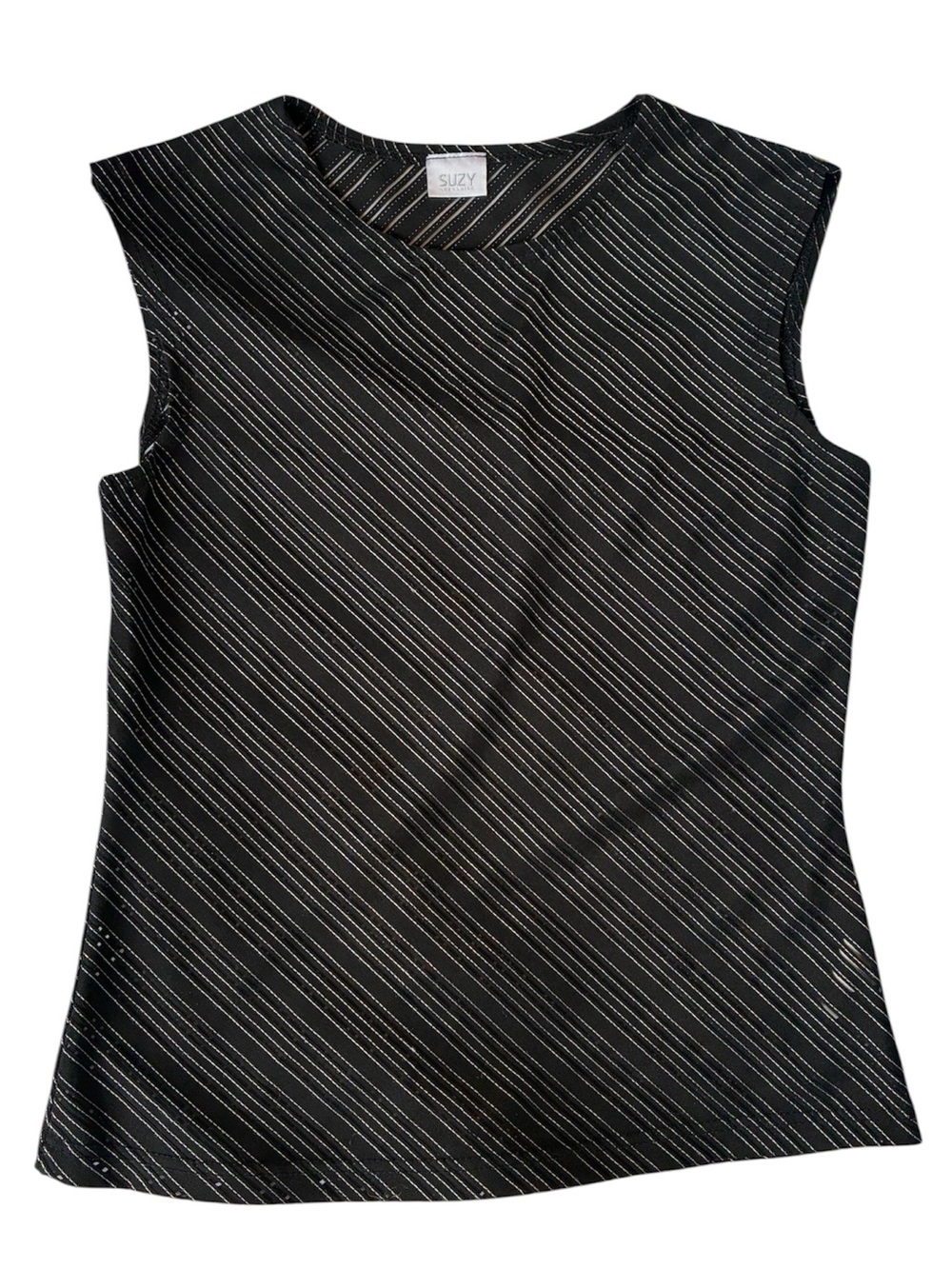 Suzy Shier Black Sleeveless Diagonal Pinstripe Tank